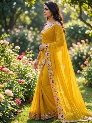 Yellow floral embroidered poly georgette designer saree 3