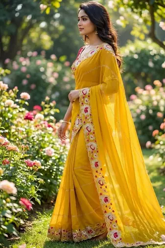 Yellow floral embroidered poly georgette designer saree