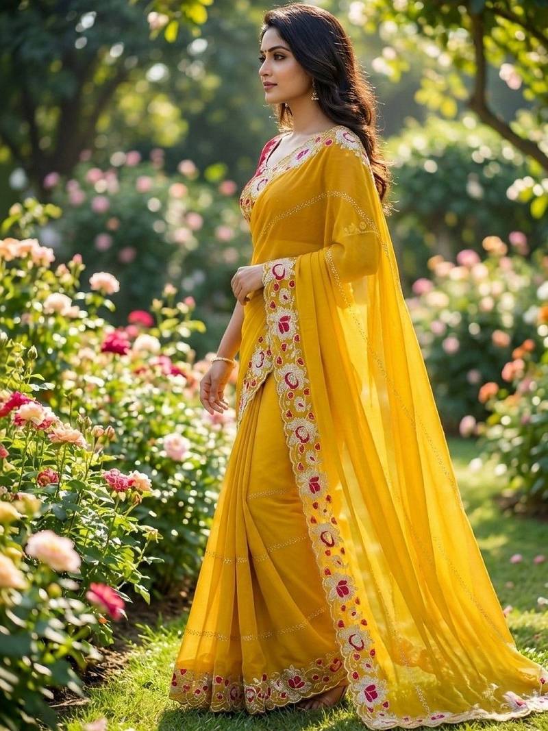 Yellow floral embroidered poly georgette designer saree