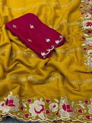 Yellow floral embroidered poly georgette designer saree 4