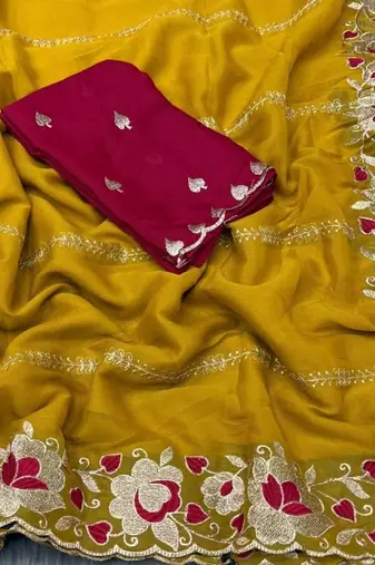 Yellow floral embroidered poly georgette designer saree