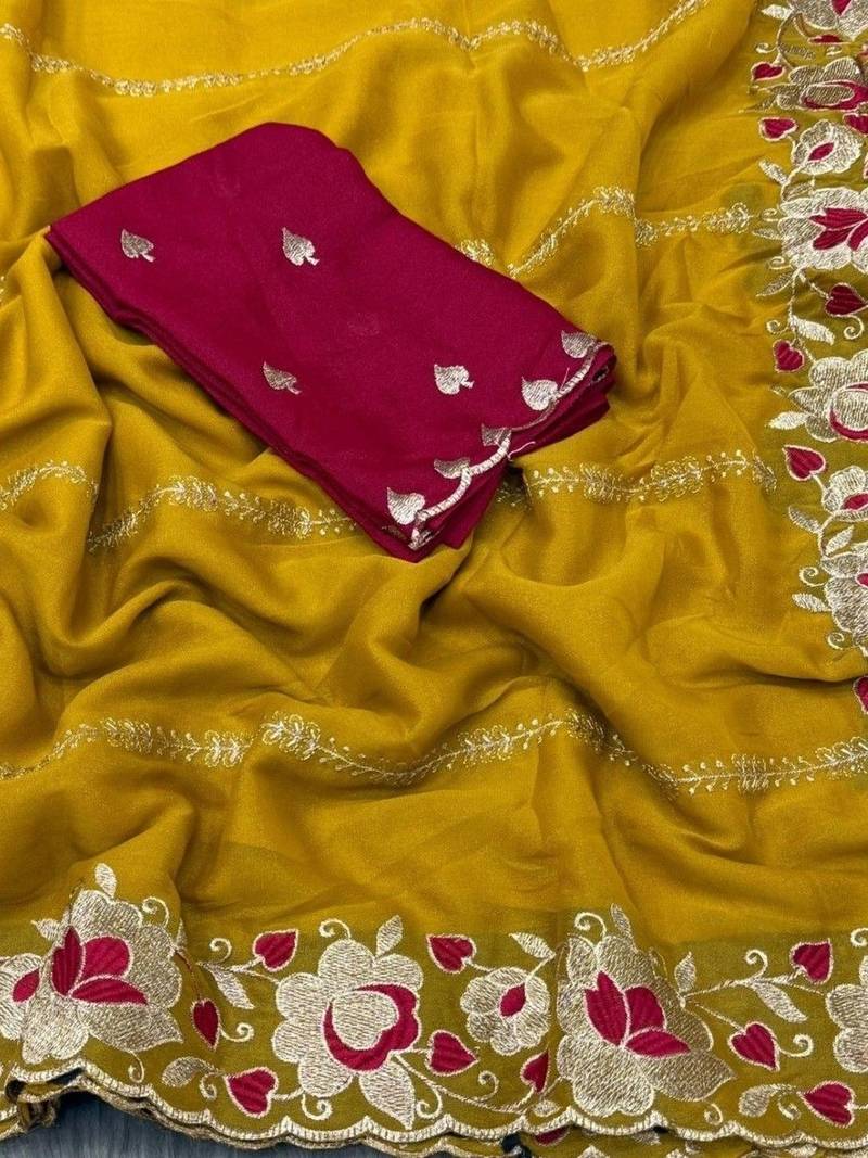 Yellow floral embroidered poly georgette designer saree