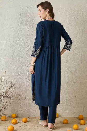 Navy blue printed silk kurta trouser set