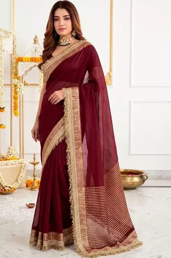 Maroon embellished zari silk blend designer saree