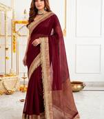 Maroon embellished zari silk blend designer saree