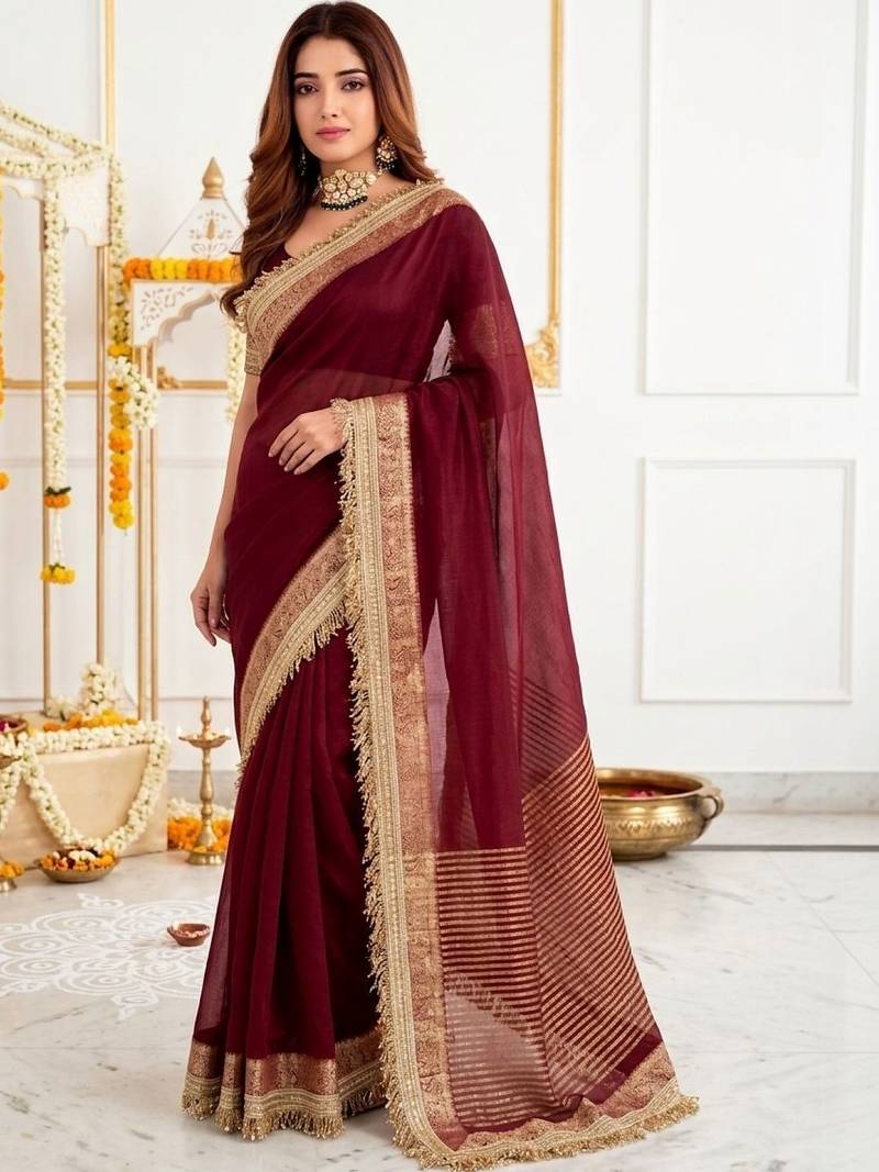 Maroon embellished zari silk blend designer saree