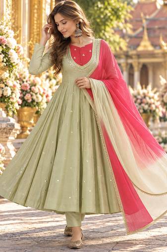 Pista roman silk readymade anarkali suit with embroidery & sequence work