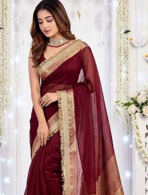 Maroon embellished zari silk blend designer saree 2