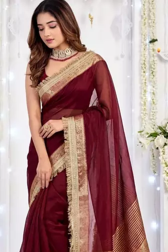 Maroon embellished zari silk blend designer saree