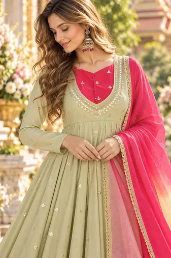 Pista roman silk readymade anarkali suit with embroidery & sequence work