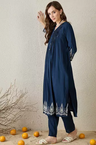 Navy blue printed silk kurta trouser set