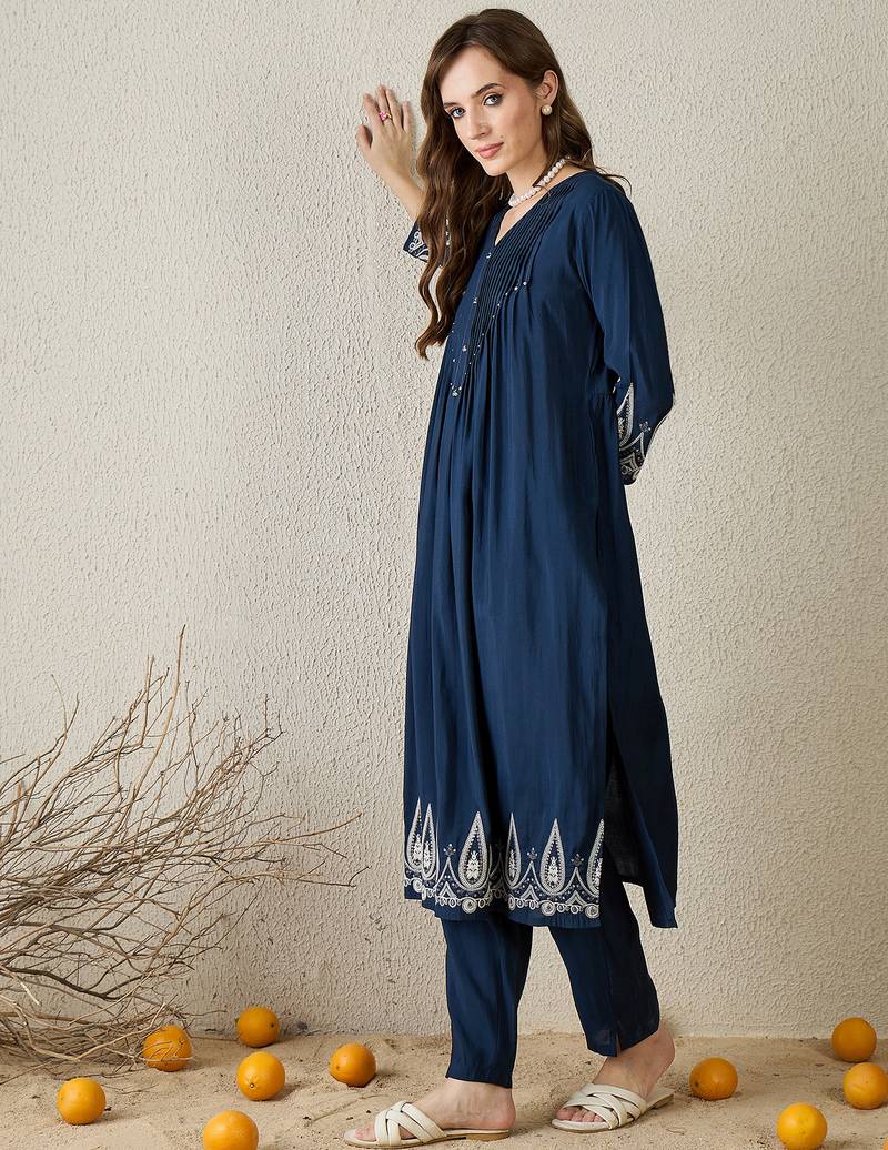 Navy blue printed silk kurta trouser set