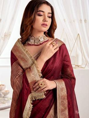 Maroon embellished zari silk blend designer saree 3