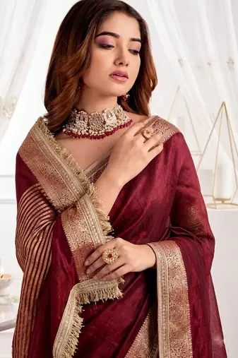Maroon embellished zari silk blend designer saree