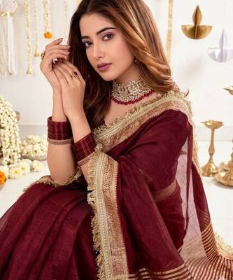 Maroon embellished zari silk blend designer saree 4
