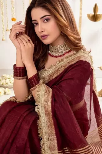 Maroon embellished zari silk blend designer saree