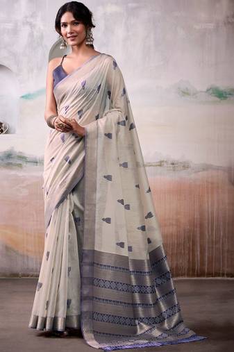 Off white floral zari silk cotton handloom saree