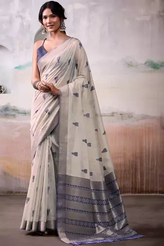 Off white floral zari silk cotton handloom saree