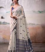 Off white floral zari silk cotton handloom saree