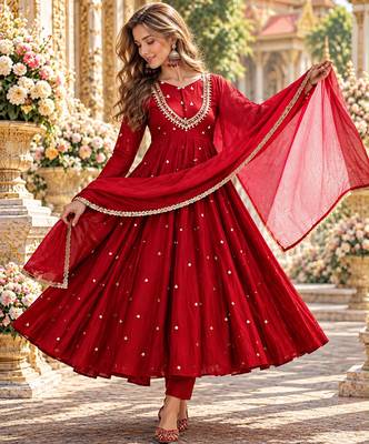 Red roman silk readymade anarkali suit with embroidery & sequence work 1