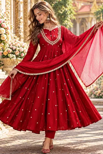 Red roman silk readymade anarkali suit with embroidery & sequence work