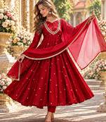 Red roman silk readymade anarkali suit with embroidery & sequence work
