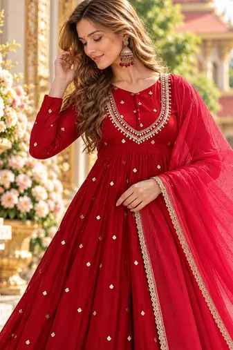 Red roman silk readymade anarkali suit with embroidery & sequence work