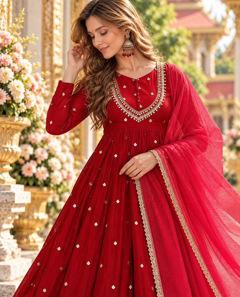 Red roman silk readymade anarkali suit with embroidery & sequence work