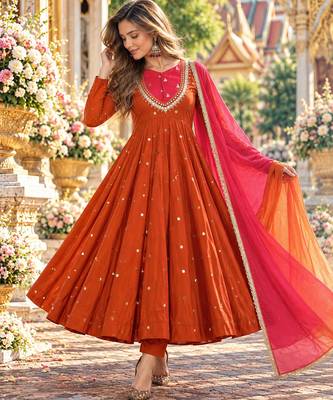 Rust roman silk readymade anarkali suit with embroidery & sequence work 1