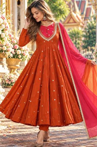 Rust roman silk readymade anarkali suit with embroidery & sequence work
