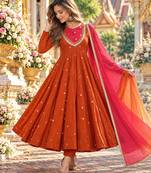 Rust roman silk readymade anarkali suit with embroidery & sequence work