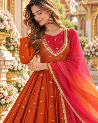 Rust roman silk readymade anarkali suit with embroidery & sequence work 2
