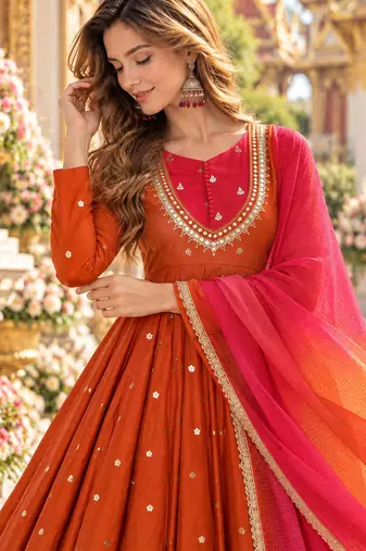 Rust roman silk readymade anarkali suit with embroidery & sequence work