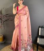 Peach women floral embroidered designer muga saree