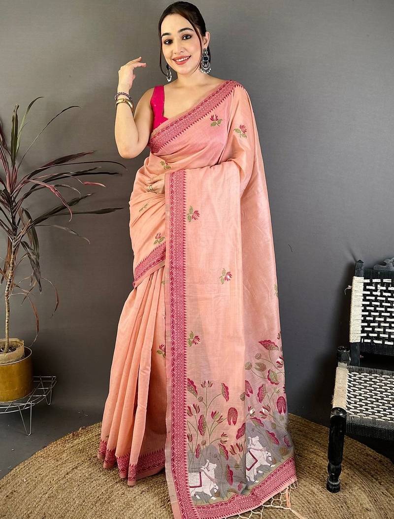 Peach women floral embroidered designer muga saree