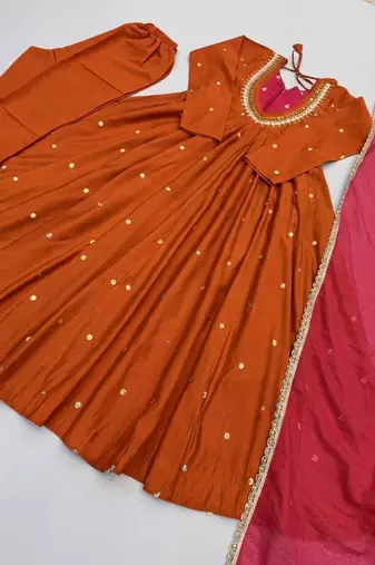 Rust roman silk readymade anarkali suit with embroidery & sequence work