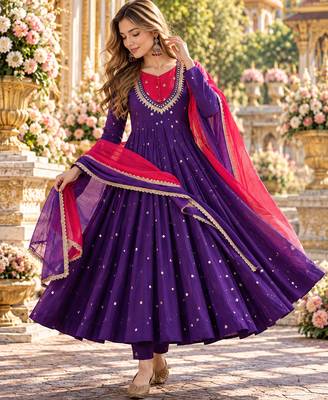 Violet roman silk readymade anarkali suit with embroidery & sequence work 1
