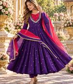 Violet roman silk readymade anarkali suit with embroidery & sequence work