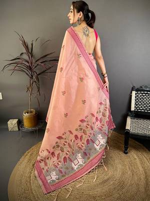 Peach women floral embroidered designer muga saree 2