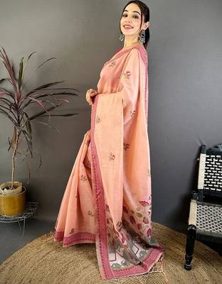 Peach women floral embroidered designer muga saree 3