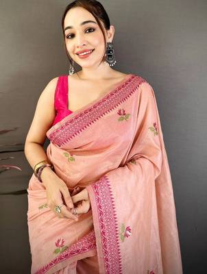 Peach women floral embroidered designer muga saree 5