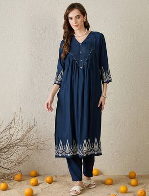 Navy blue printed silk kurta trouser set 4