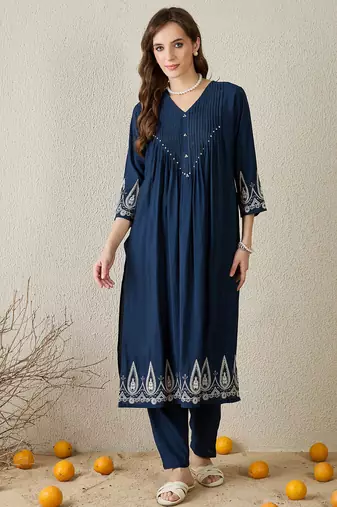 Navy blue printed silk kurta trouser set