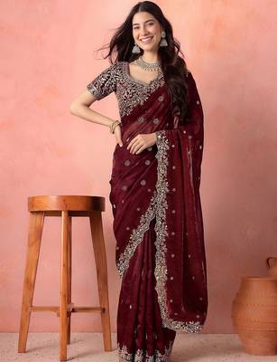 Maroon embellished embroidered tissue saree 1