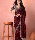 Maroon embellished embroidered tissue saree