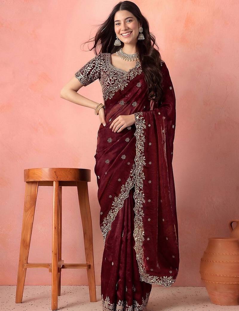 Maroon embellished embroidered tissue saree