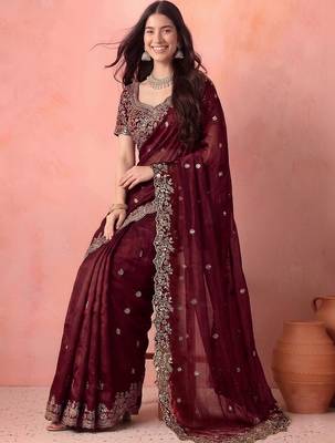 Maroon embellished embroidered tissue saree 2