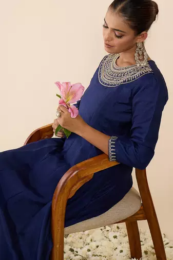 Blue embroidered silk kurta trouser set