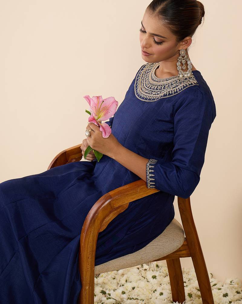 Blue embroidered silk kurta trouser set