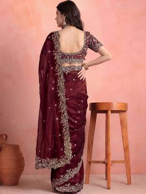 Maroon embellished embroidered tissue saree 3